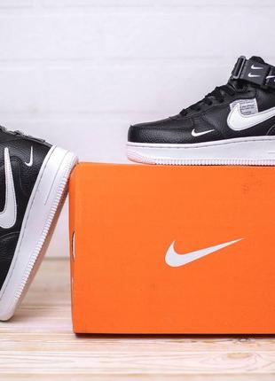 Распродажа! nike air force 1 mid кроссовки женские кожаные топ качество найк форс кеды черные с белым высокие весенние демисезонные демисезонные5 фото