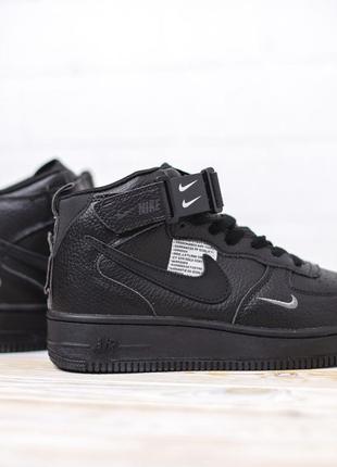 Розпродаж! nike air force 1 mid кросівки жіночі шкіряні топ якість найк форс кеди чорні високі весняні демісезонні шкіра осінні на липучці чорні10 фото