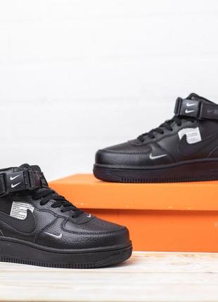 Розпродаж! nike air force 1 mid кросівки жіночі шкіряні топ якість найк форс кеди чорні високі весняні демісезонні шкіра осінні на липучці чорні5 фото