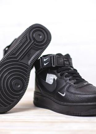 Розпродаж! nike air force 1 mid кросівки жіночі шкіряні топ якість найк форс кеди чорні високі весняні демісезонні шкіра осінні на липучці чорні2 фото