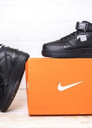 Розпродаж! nike air force 1 mid кросівки жіночі шкіряні топ якість найк форс кеди чорні високі весняні демісезонні шкіра осінні на липучці чорні6 фото