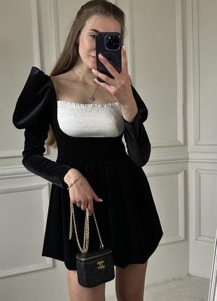 Велюрова сукня/рукав ліхтарик/чорний колір/сукня міні/оксамит