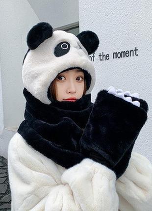 Чорна шапка панда з вушками та шарфом і рукавицями 3в1, на подарунок2 фото