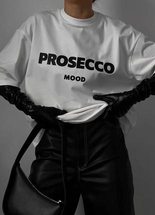 2 цвета! базовая оверсайз футболка с принтом, с надписью prosecco mood, оверсайз, широкая, свободная, черная, белая1 фото