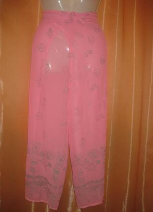Секси прозрачные штаны брюки парео розовые легкий прозрачный шифон с серым принтом на море на пляж2 фото