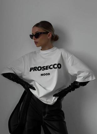 2 цвета! базовая оверсайз футболка с принтом, с надписью prosecco mood, оверсайз, широкая, свободная, черная, белая4 фото