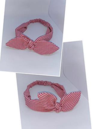 Повязка солоха для волос клетчатая красная с бантиком