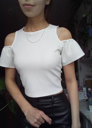 Белая блузка кроп топ, укороченная блузка с открытыми плечами, блузка топик, блуза-топ2 фото