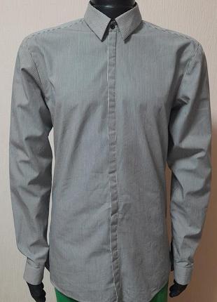 Практичная белая рубашка в синюю полоску hugo boss slim made in malaysia, 💯 оригинал