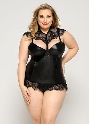 Латексный комплект белья jsy «страстная ирис» plus size, black, корсет, стринги, кружево1 фото