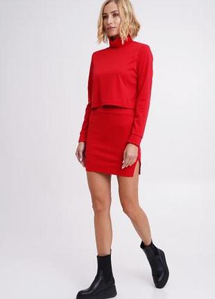 Трикотажний костюм, гольф + міні спідниця, червоний, гірчичний, синій, одяг, 28200