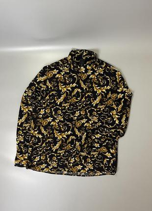 Стильная легкая рубашка h&m с принтом, черная, золотая, разрисованная, вискозная, летняя, под брюки, брюки, пиджак, нарядная3 фото
