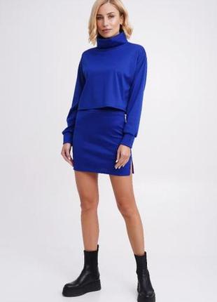 Трикотажный костюм, гольф + мини юбка, синий, серый, темно-синий, одежда, 28200