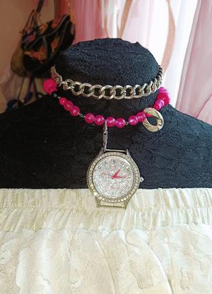 Gothic deminia doll'skill style  inspired necklace with big watch in crystals pink barbie style !!!