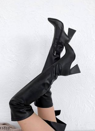 Черные кожаные + стрейч сапоги выше колена ботфорты на фигурном каблуке8 фото