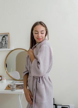 Жіночий вафельний халат шаль, лавандово-сірий3 фото