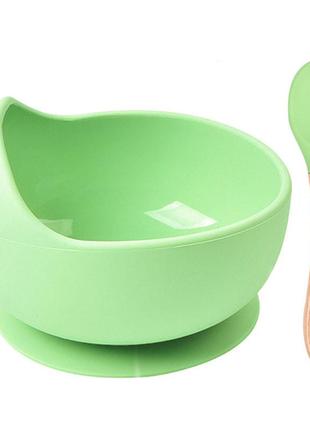 Набор силиконовой посуды 2life y3 глубокая тарелка для супа и деревянная ложка зеленый v-11568