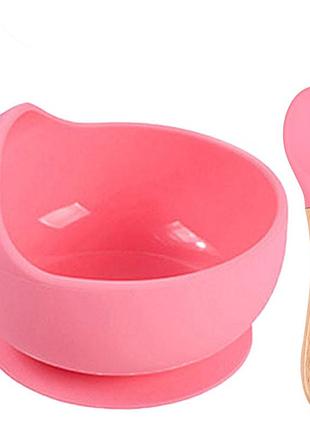 Набор силиконовой посуды 2life y14 глубокая тарелка для супа и деревянная ложка розовый n-11579