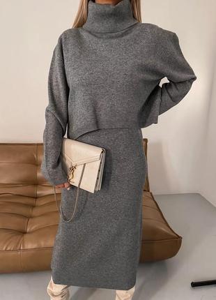 🙀🙀🙀 крутой женский комплект кофта и платье безрукавка из ангоры серый и беж.1 фото