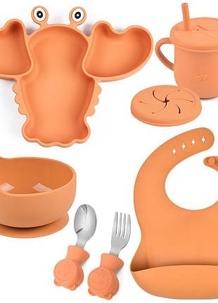 Набір посуду y25 трьохсекційна тарілкарак,поїльник,ложка виделка металеві,слюнявчик оранжевий v-11208