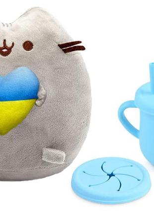 М'яка іграшка pusheen cat s&t із серцем, поїльник-непроливайка y9 силіконовий блакитний