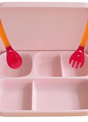 Силиконовая пяти-секционная тарелка а2 c крышкой и ложка вилка меняющая форму (vol-10746)