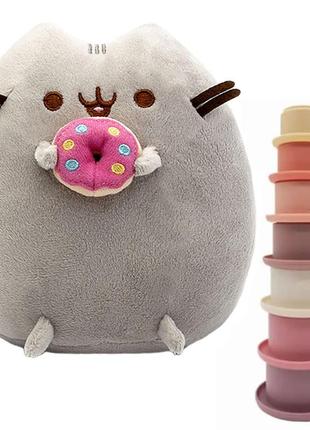Мягкая игрушка пушин кэт pusheen cat 23х25 см с пончиком и пирамидка тактильная y11 башня v-11537