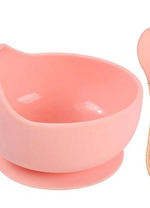 Набор силиконовой посуды 2life y12 глубокая тарелка для супа и деревянная ложка розовый v-11577
