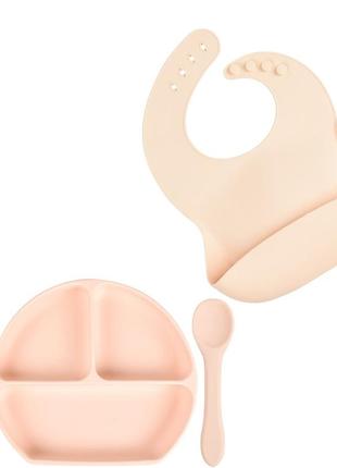 Набір y4 силіконова трисекційна тарілка, слинявчик, ложка, вилка персиковий