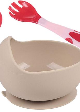 Набір силіконова кругла тарілка y5 для перших страв бежовий та термочутлива ложка,вилка червоний
