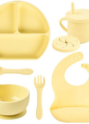 Набор силиконовой посуды y11 трех-секционная тарелка, поильник, ложка вилка, слюнявчик желтый (vol-10988)