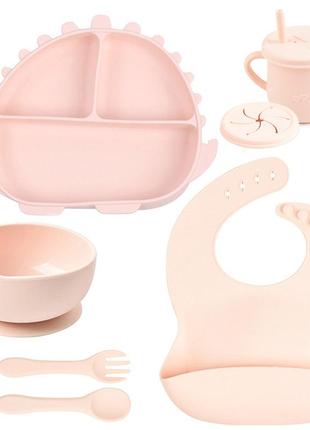 Набор посуды y4 трехсекционная тарелка динозавр,поильник,ложка вилка,слюнявчик розовый n-11212