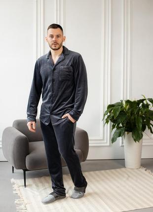 Домашній костюм піжама чоловіча велюр сорочка і штани графіт