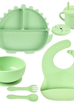 Набір посуду y3 трьохсекційна тарілка динозавтр,поїльник,ложка виделка, слюнявчик зелений n-11211