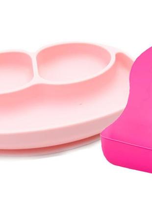 Набор силиконовая тарелка коврик 22 х 15 см и слюнявчик силикон+пвх малиновый (vol-1129)