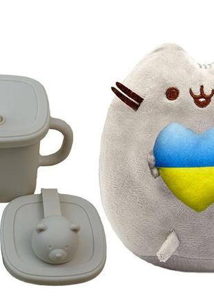 Мягкая игрушка pusheen cat s&t с сердцем и поильник-непроливайка мишка силиконовый бежевый темный (vol-10565)