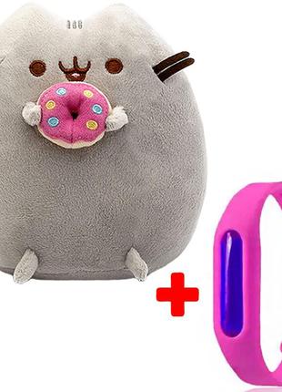 Мягкая игрушка пушин кэт pusheen cat 23х25 см с пончиком и детский силиконовый браслет от комаров v-11563