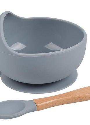 Набор силиконовой посуды 2life y18 глубокая тарелка для супа и деревянная ложка серый v-11583