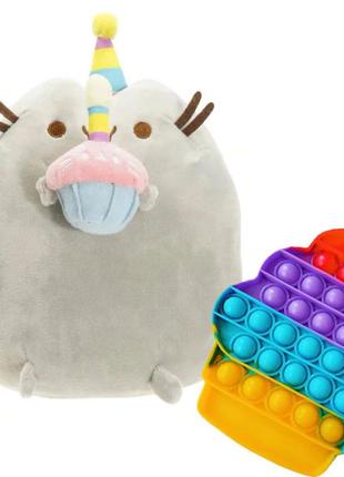 М'яка іграшка пушин кет pusheen cat s&t 23х25 см з кексом та іграшка антистрес pop it морозиво