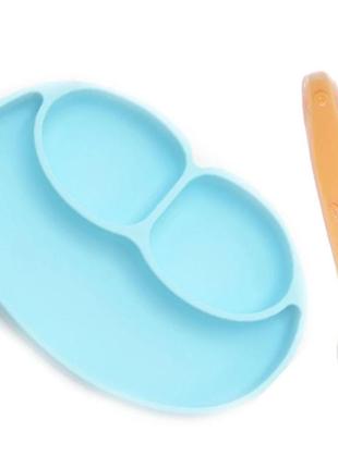 Набор силиконовая тарелка коврик голубая и силиконовая ложка для кормления ребенка оранжевая (vol-1715)