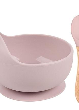 Набор силиконовой посуды 2life y26 глубокая тарелка для супа и деревянная ложка розовый v-11590