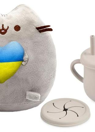 Мягкая игрушка pusheen cat s&t с сердцем и поильник-непроливайка y20 силиконовый серый (n-10562)