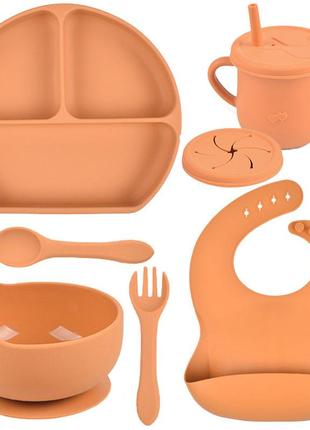 Набор силиконовой посуды y25 трех-секционная тарелка, поильник, ложка вилка, слюнявчик оранжевый (n-11002)