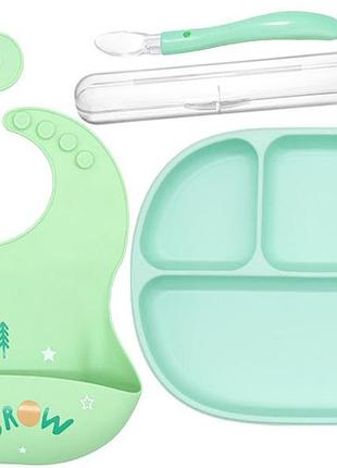 Четырех-секционная силиконовая тарелка d10, приборы в кейсе, слюнявчик силиконовый мятный (vol-10275)