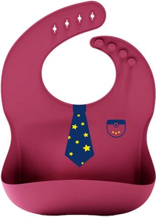 Слюнявчик силіконовий дитячий з малюнком краватка в зірочках та кишенька 30х24 см бордова