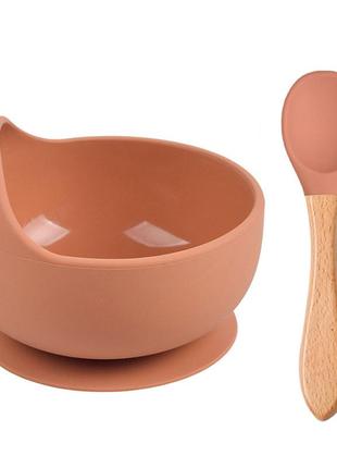 Набор силиконовой посуды 2life y27 глубокая тарелка для супа и деревянная ложка коричневый v-11591