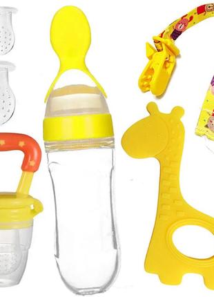 Набор 2life ниблер с насадками и цепочкой фиксатором, бутылка-ложка, прорезыватель жираф желтый n-11610
