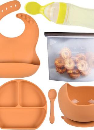 Набірy25силіконова тарілка, слинявчик, тарілка глибока, ніжка,вилка, судок, пляшка-ложка жовтогарячий (vol-9913)