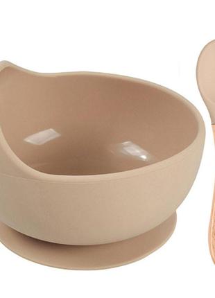 Набір силіконового посуду 2life y15 глибока тарілка для супа і дерев'яна ложка бежевий n-11580