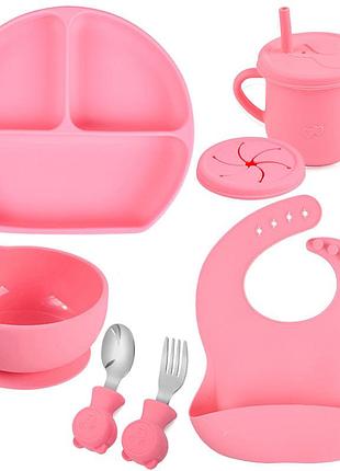 Набір посуду y14 трьох-секційна тарілка,поїльник,ложка виделка металеві,слюнявчик рожевий n-11170